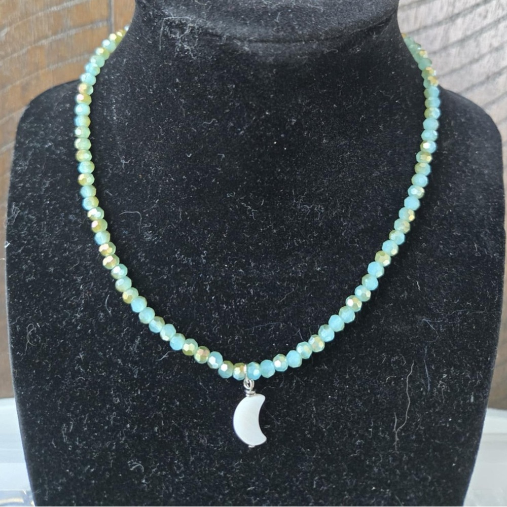 Bluehour Necklace - Golden-Blue Beads and Pearlescent Moon Pendant